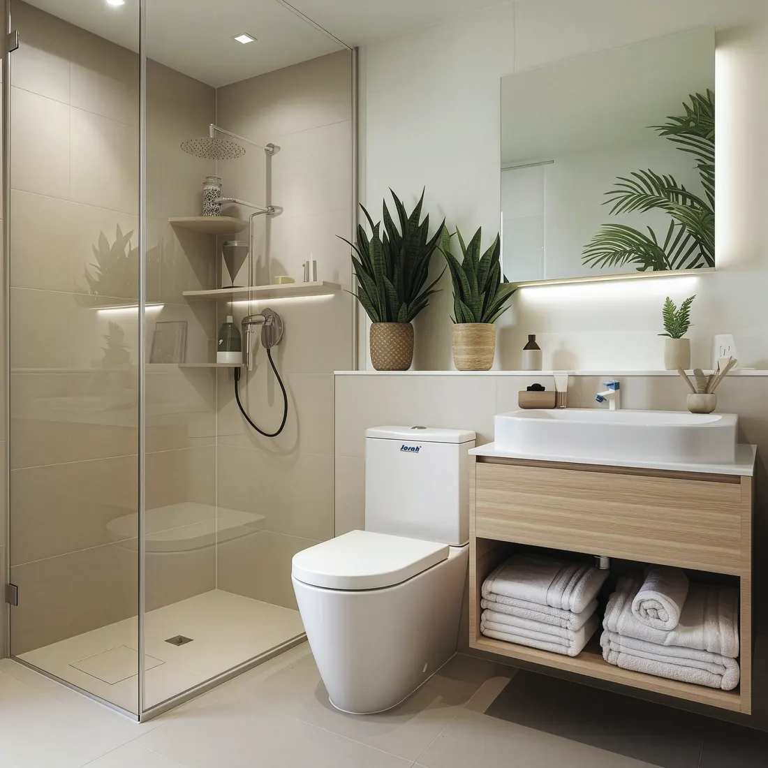 Bright modern bathroom with a glass shower, wash basin and plants